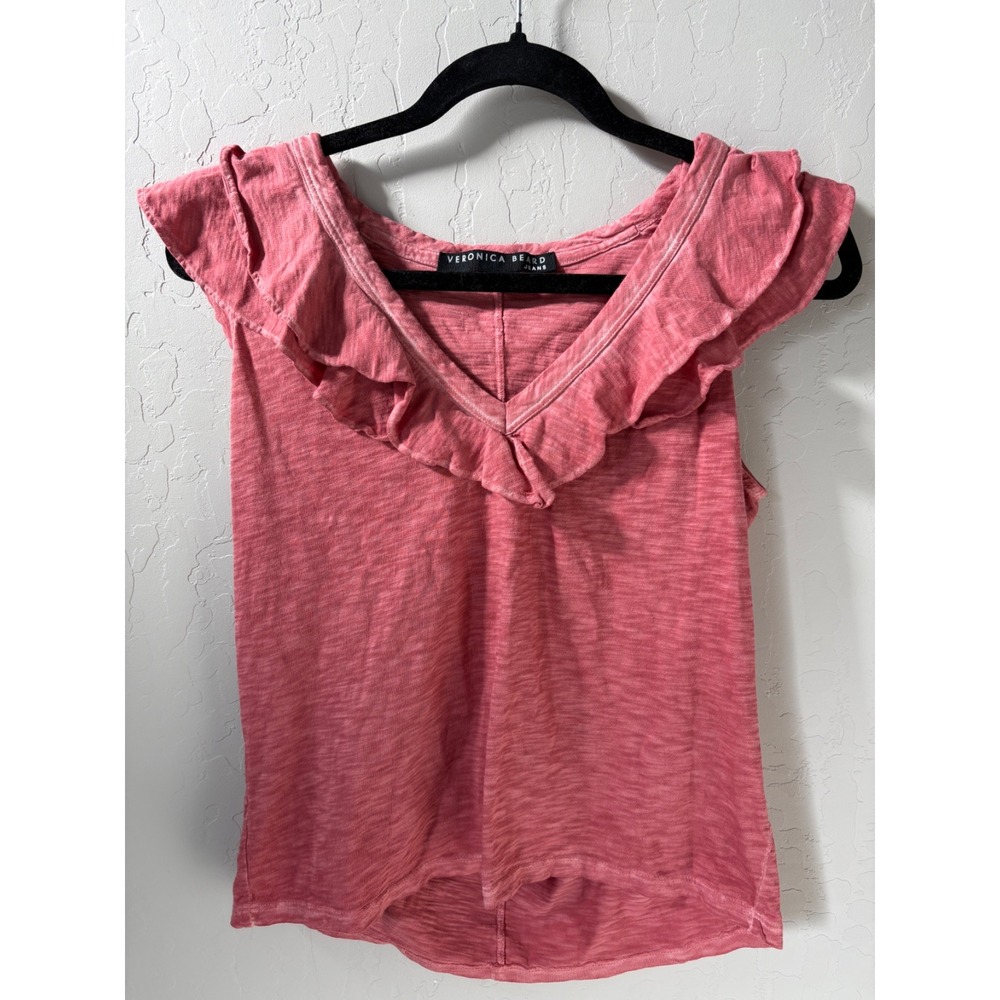 Veronica Beard Jeans Ellerie Ruffle‎ V-Neck Top Pima Cotton Faded Rose Pink Sz S